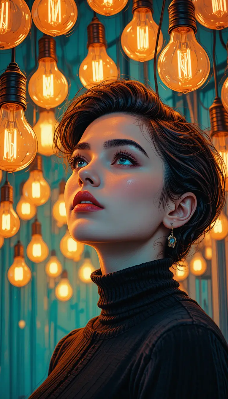 Jovem mulher com cabelo rockabilly sob luzes pendentes coloridas