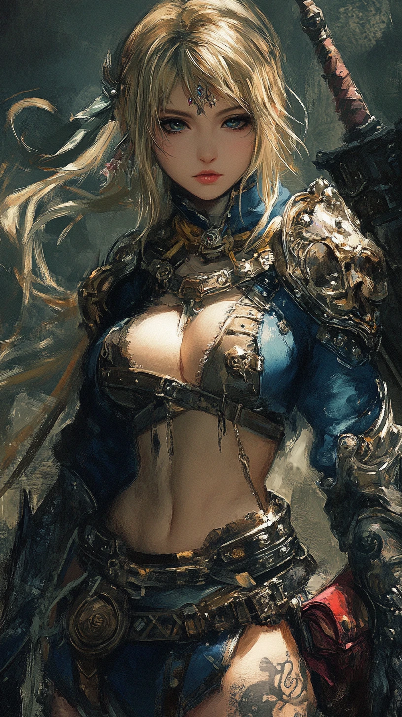 Gros plan d’une guerrière anime balafrée en armure bleue
