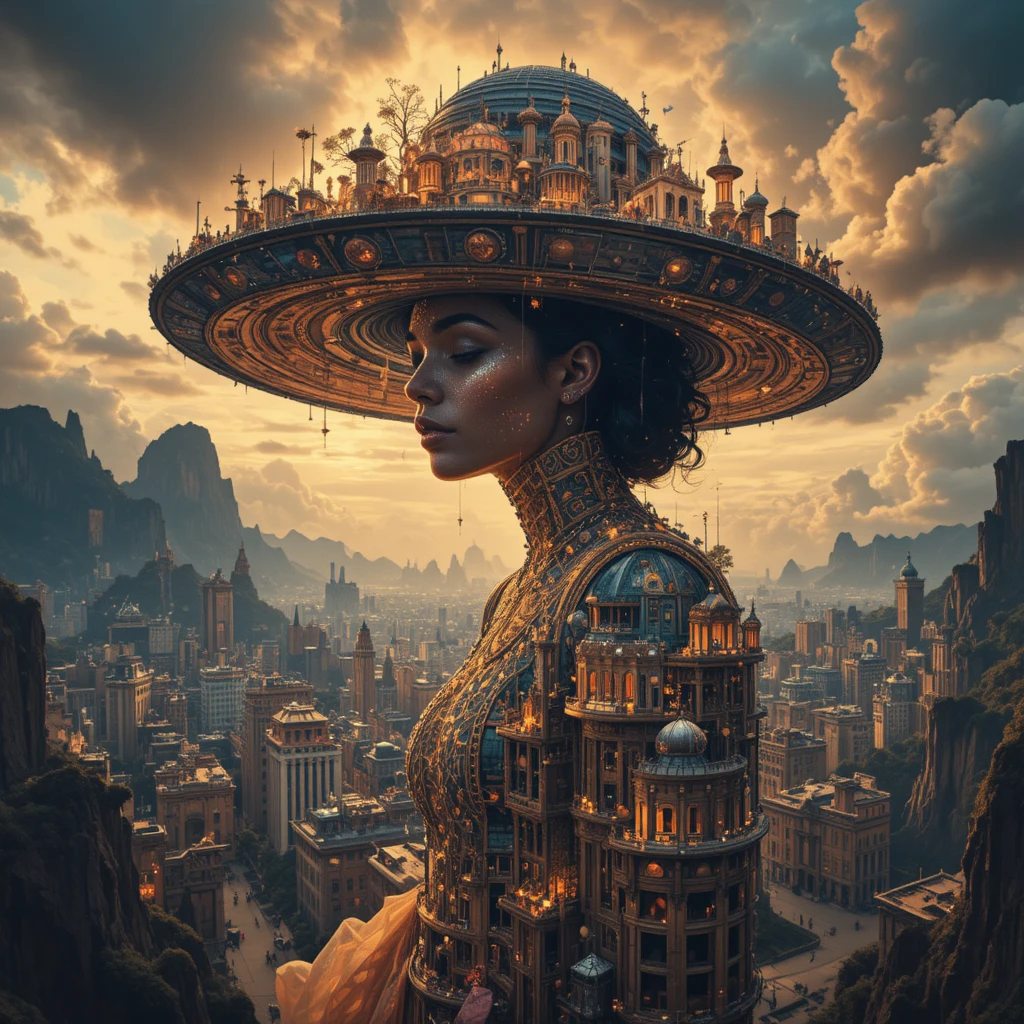 Surreal close up of a woman carrying a glowing city