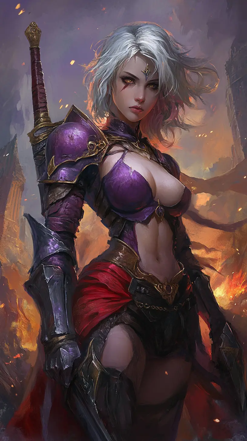 Scarred fantasy warrior woman in red armor close up