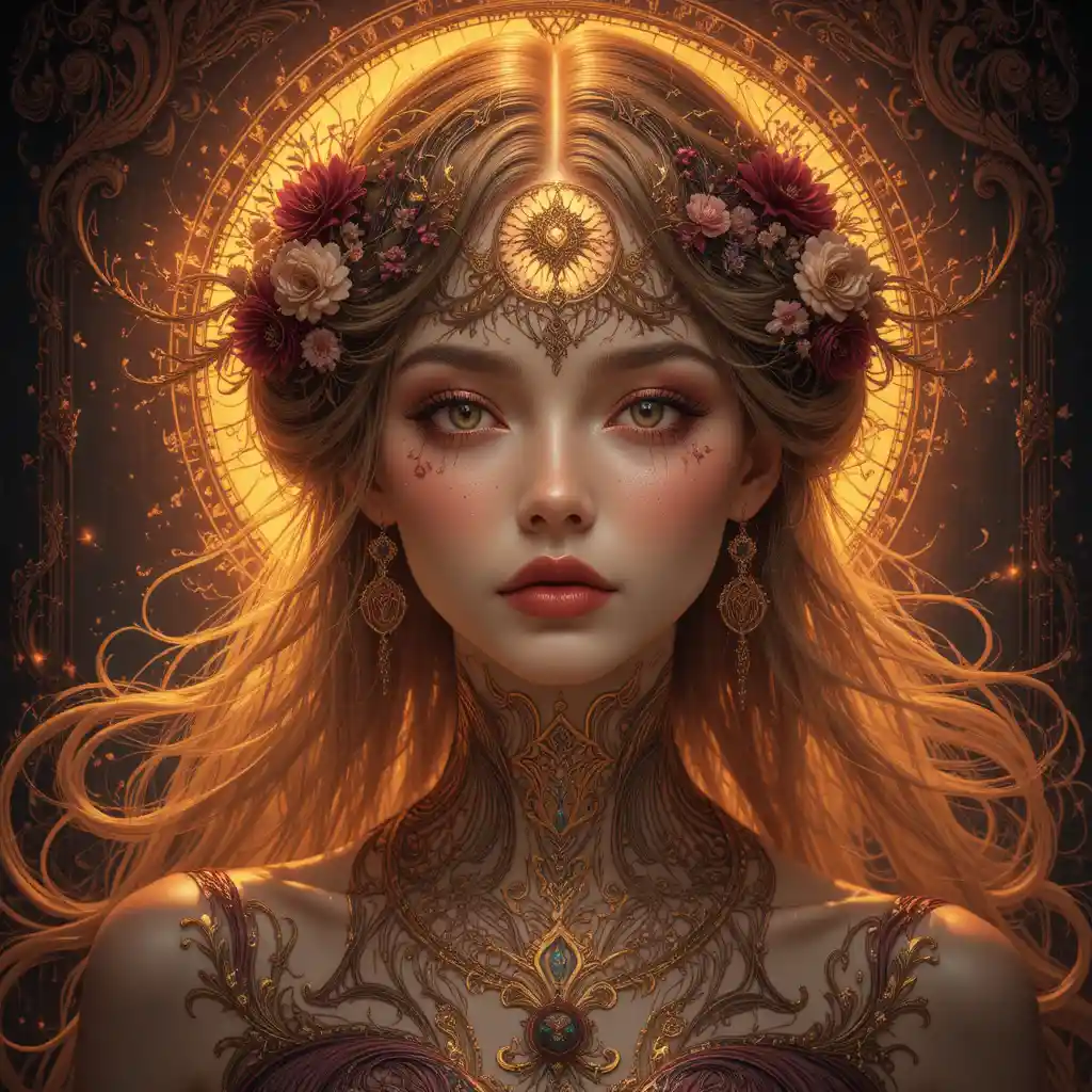 Mystische Frau im goldenen Sonnenaufgang in einem Jugendstil-Traumlandschaft