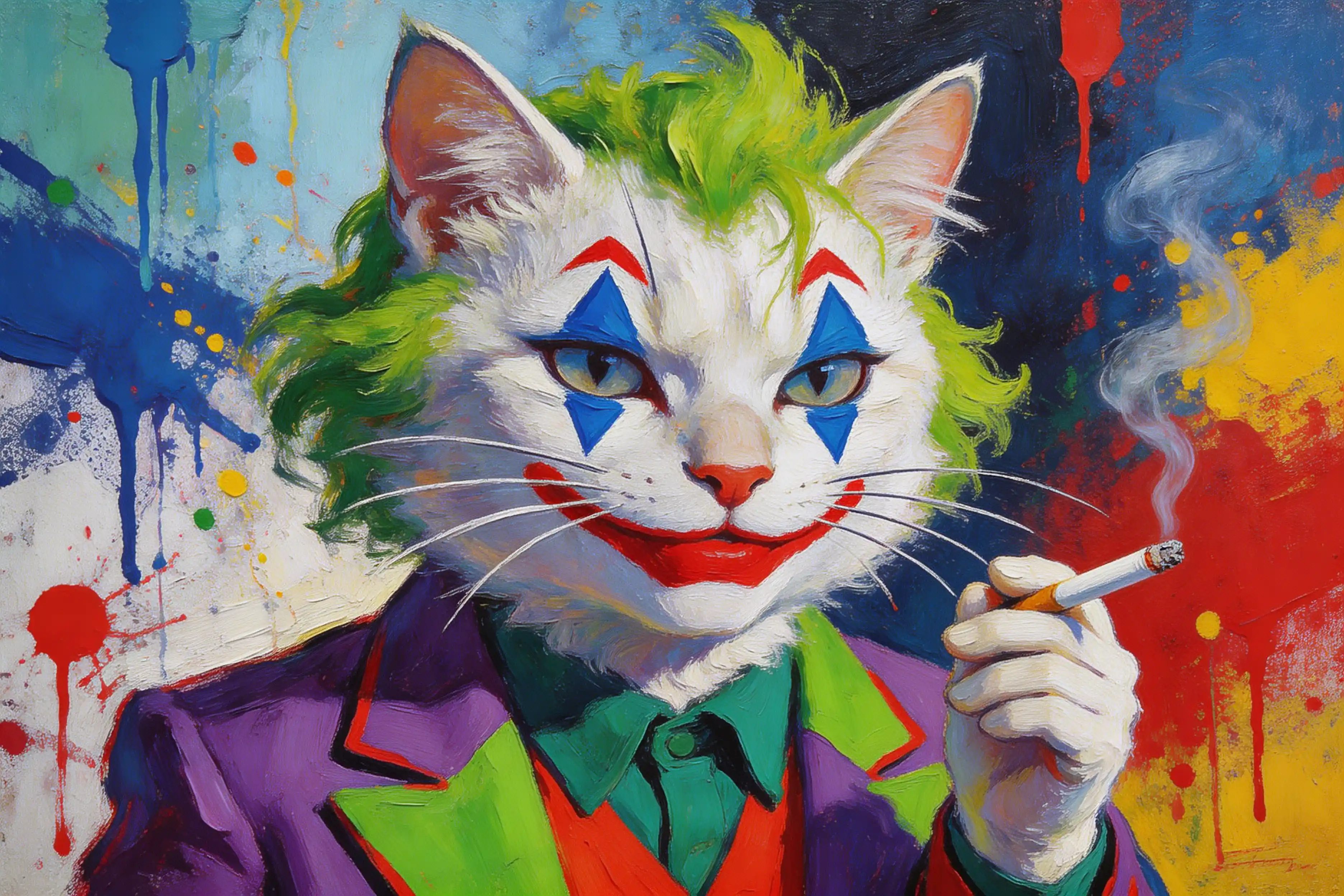 Colorful joker cat portrait in expressionist oil style