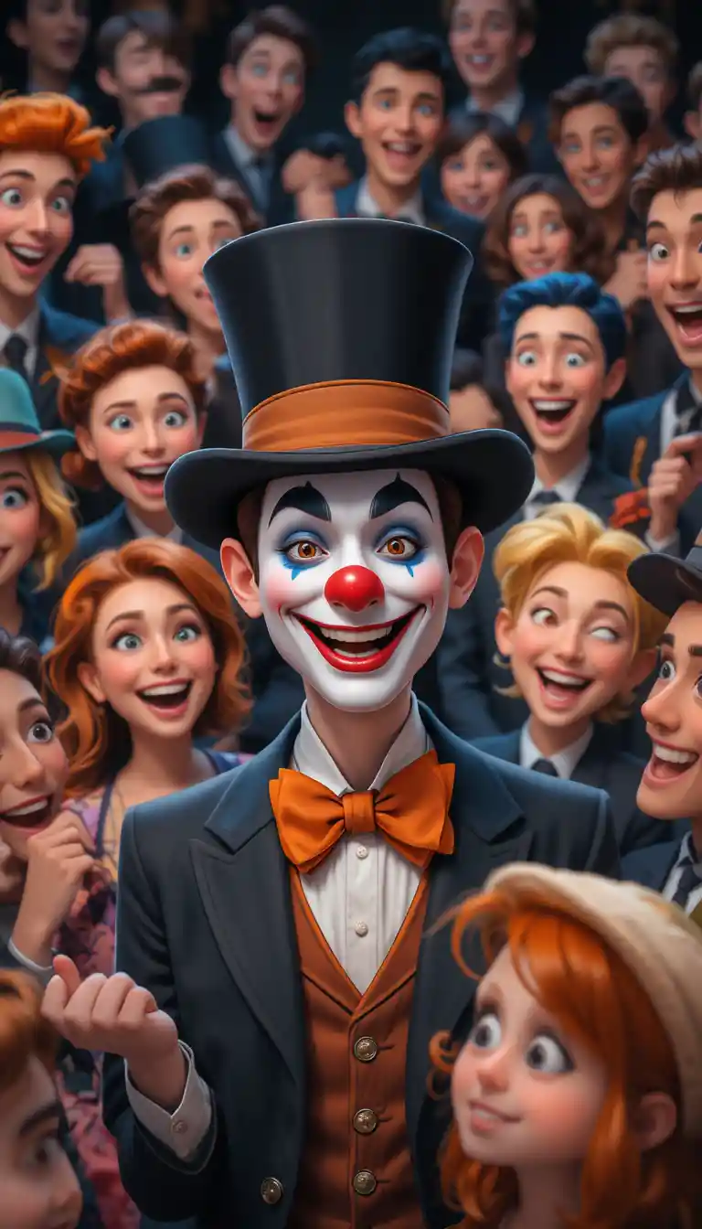 Charismatic clown in black top hat delighting joyful crowd