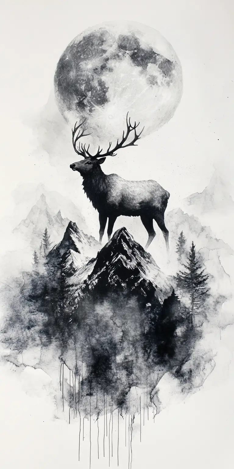Surreal elk standing on a snowy lunar mountain peak