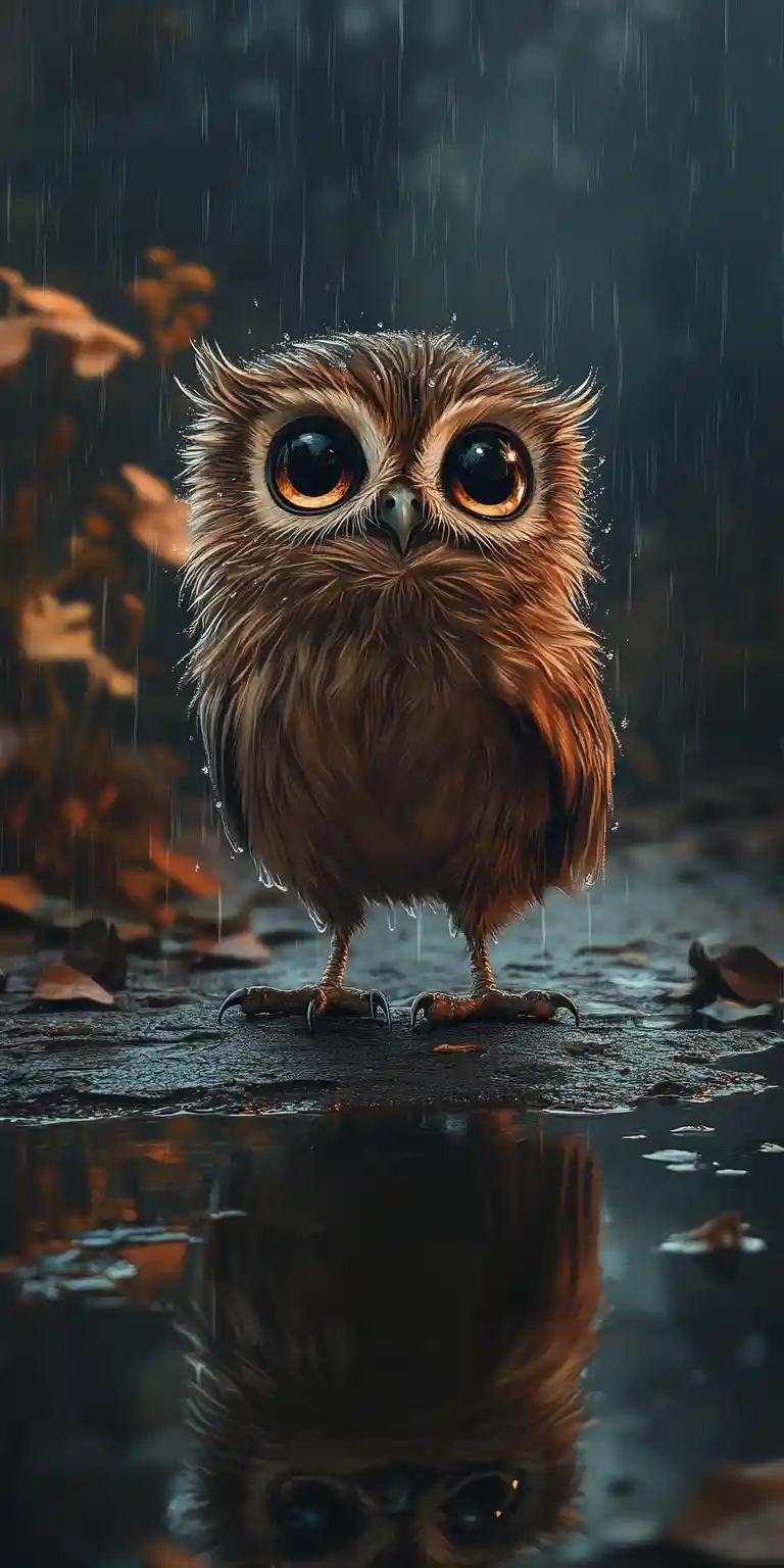 Small owl in a rainy twilight puddle illustration