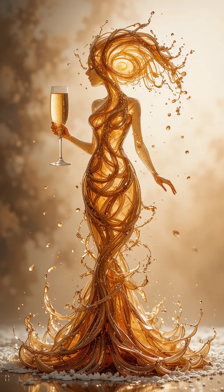 Spruzzo di champagne che forma la silhouette di una donna sopra la torta