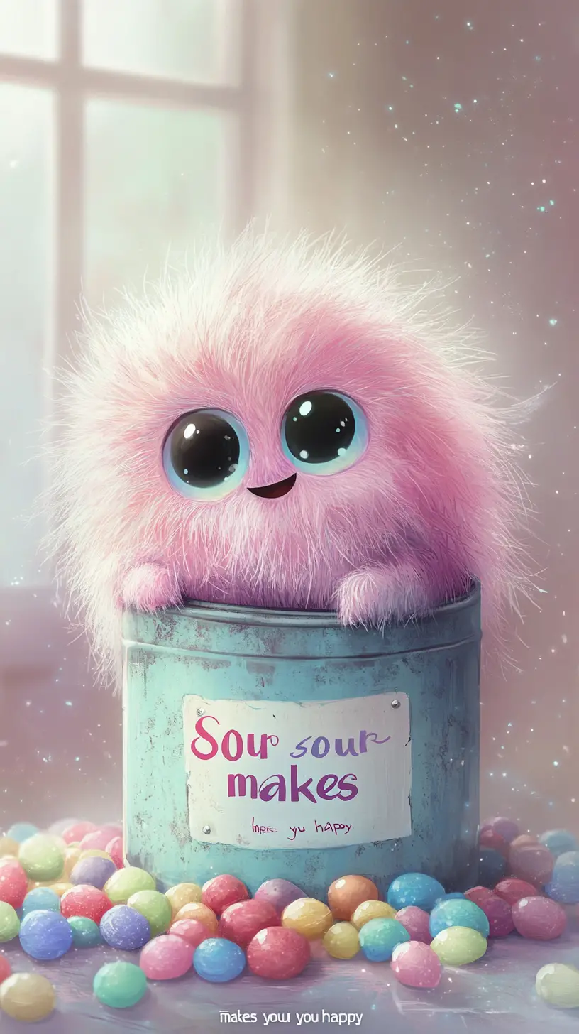 Cute pastel monster hiding in vintage candy tin