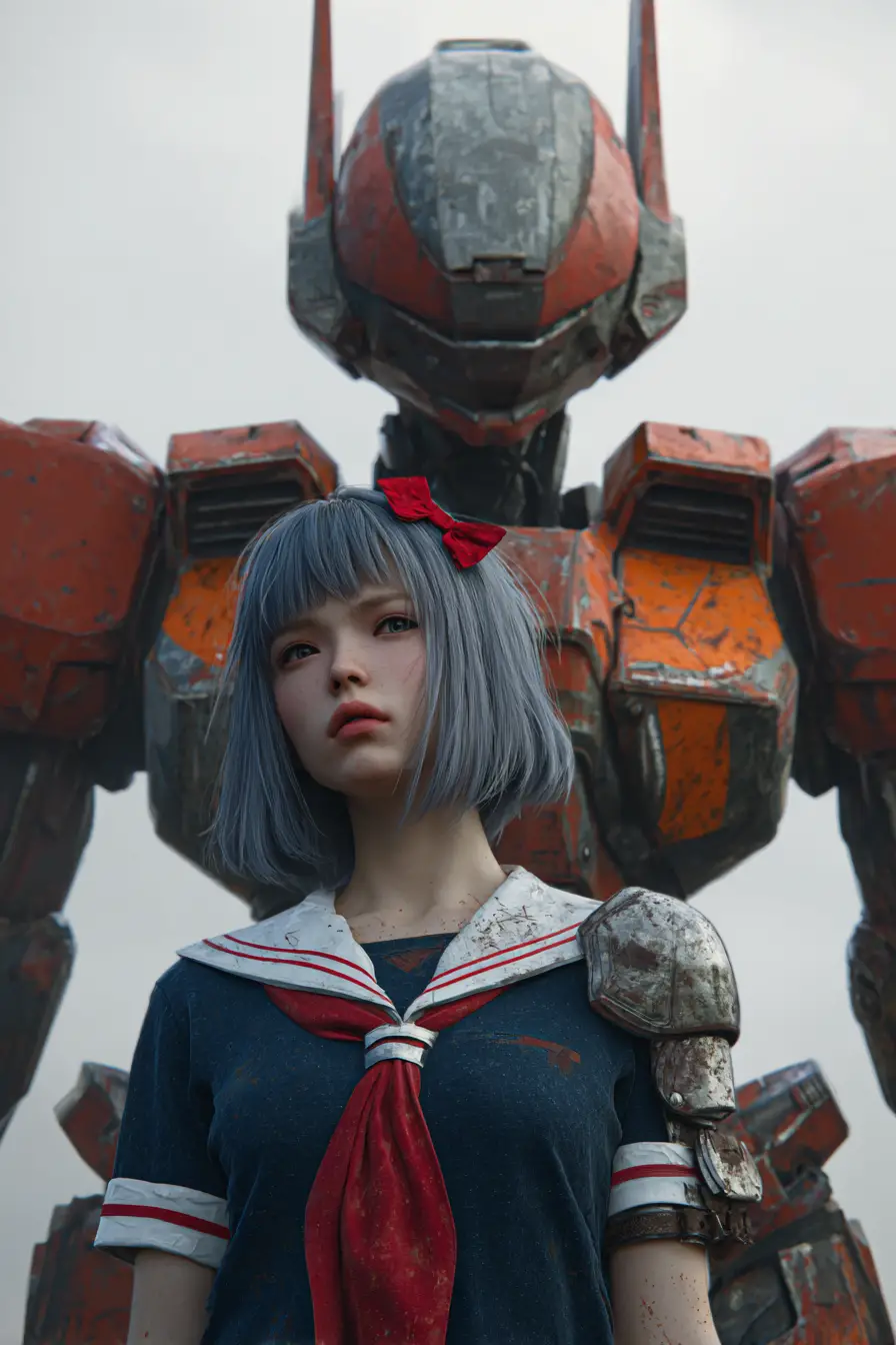 Young woman with giant mecha under an overcast sky