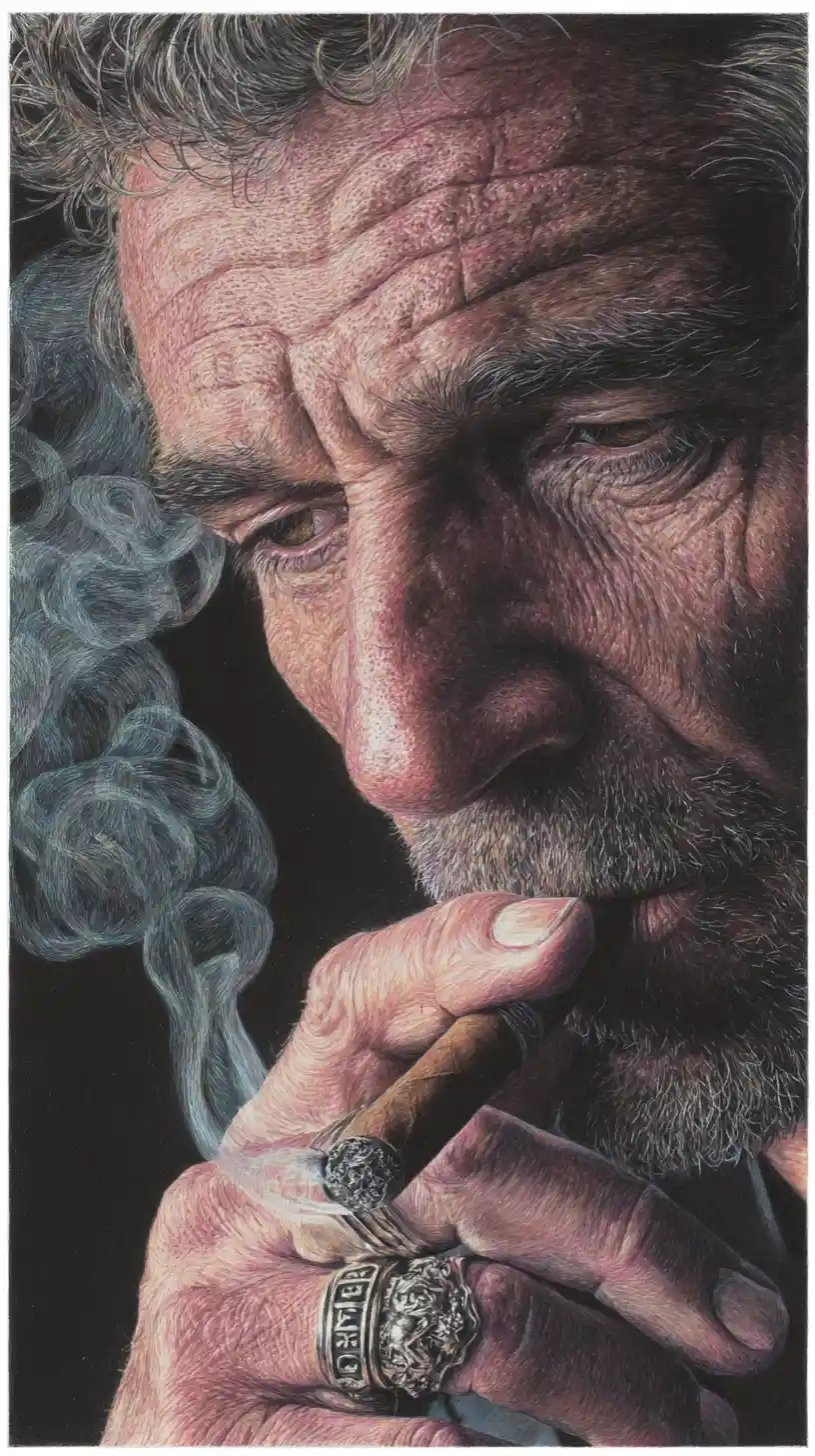 Portrait aux crayons de couleur d’un homme mûr fumant un cigare