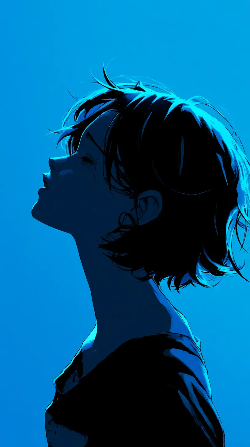 Silhouetted manga profile against vibrant blue background