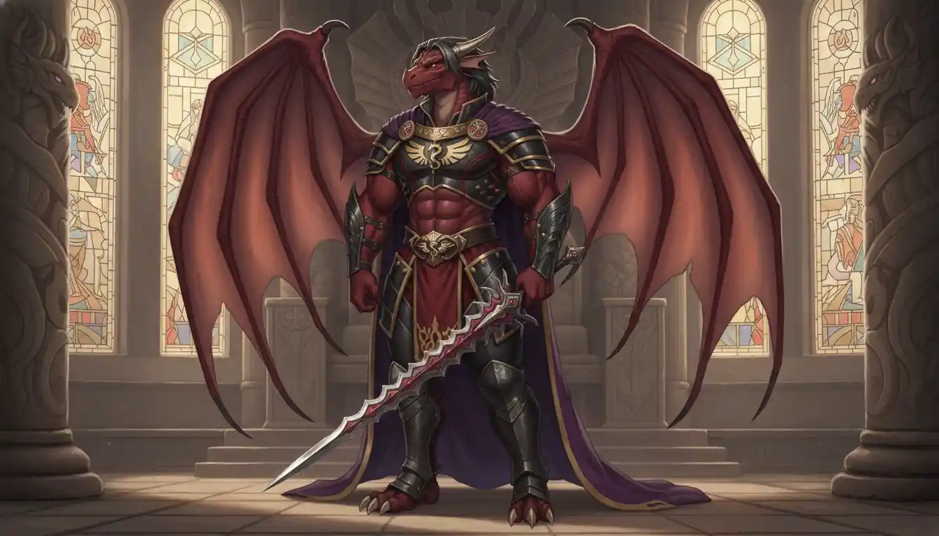 Rey wyvern alado con armadura real y espada
