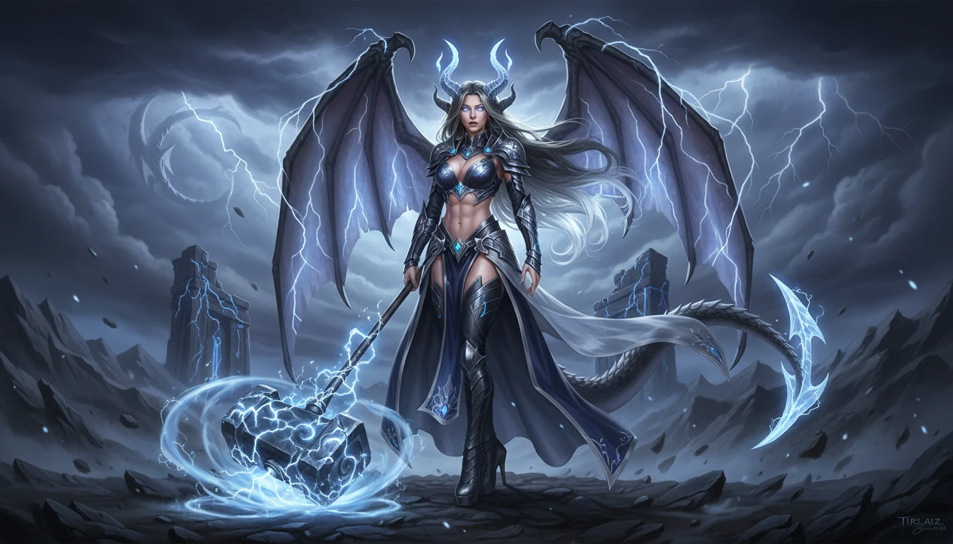 Regina drago della tempesta che brandisce un martello elementale crepitante