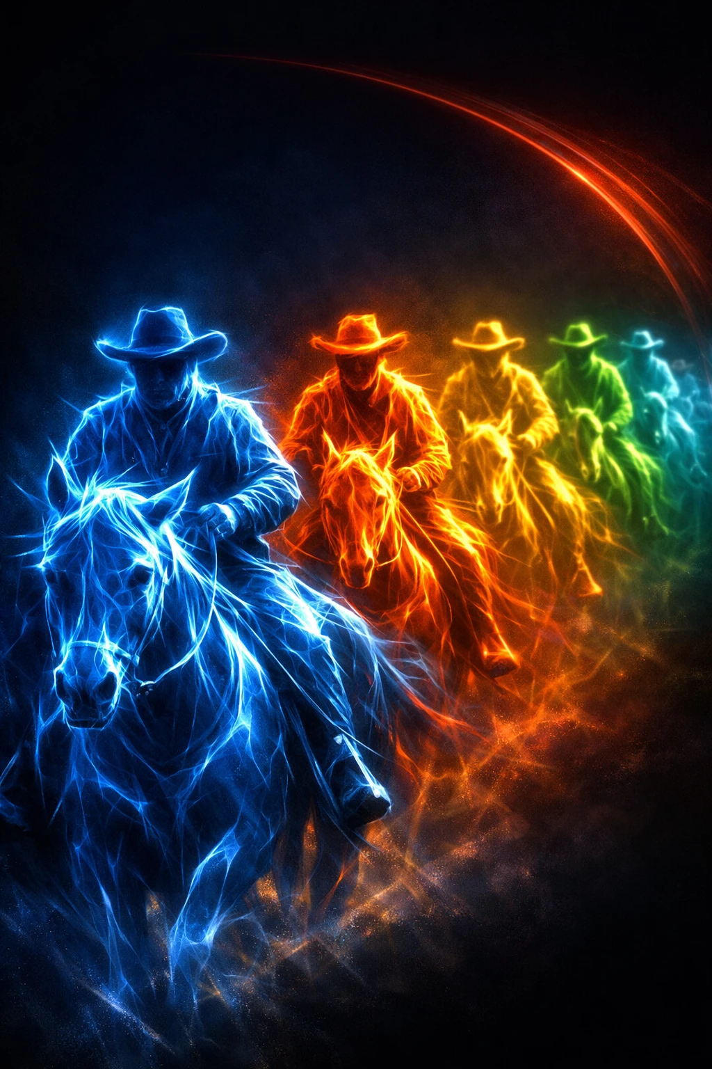Leuchtende fraktale Cowboys zu Pferd in diagonaler Prozession