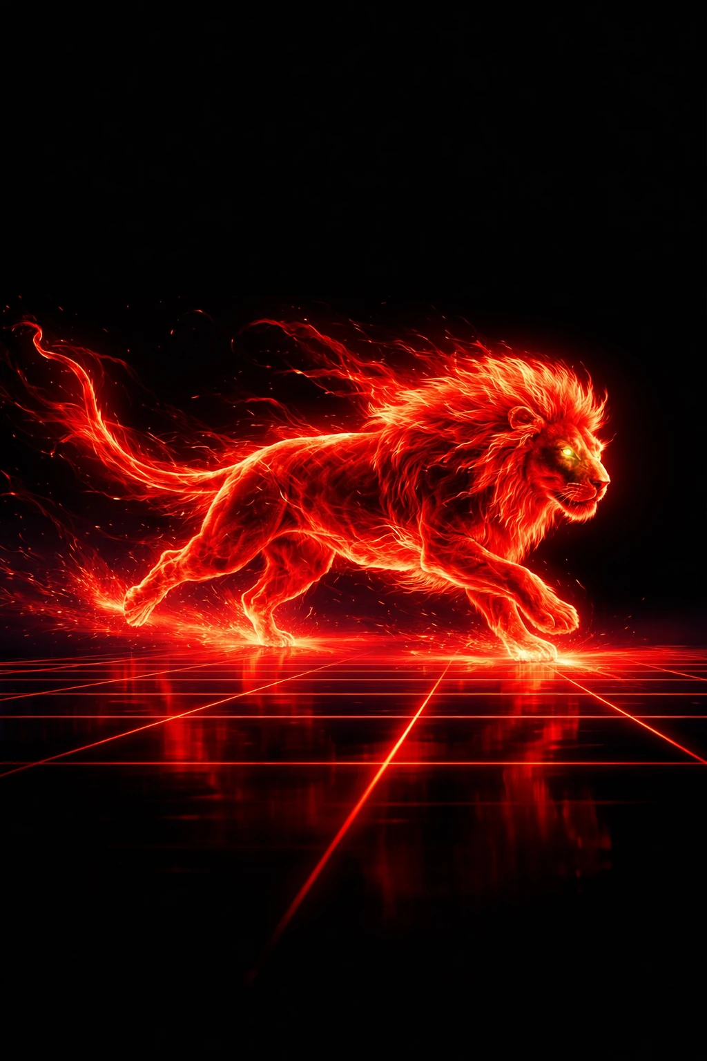 Leone di Energia Rosso Fiammeggiante che Corre sulla Griglia Digitale