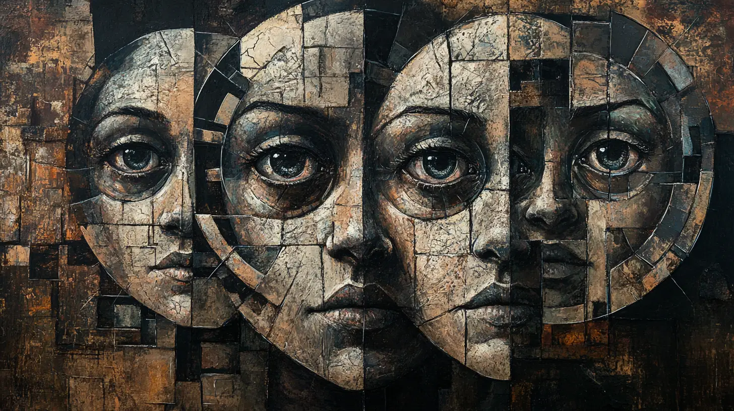 Portrait cubiste surréaliste de visages humains mécaniques fragmentés