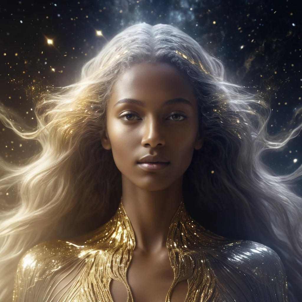 Ätherische kosmische Frau aus flüssigem Silber und goldenem Licht
