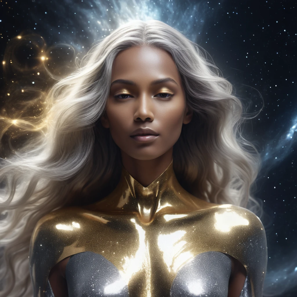 液体の銀と黄金の光で描かれたエーテルな宇宙の女性