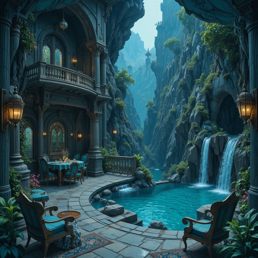Lussuosa terrazza di un palazzo fantasy con scena di cena in grotta