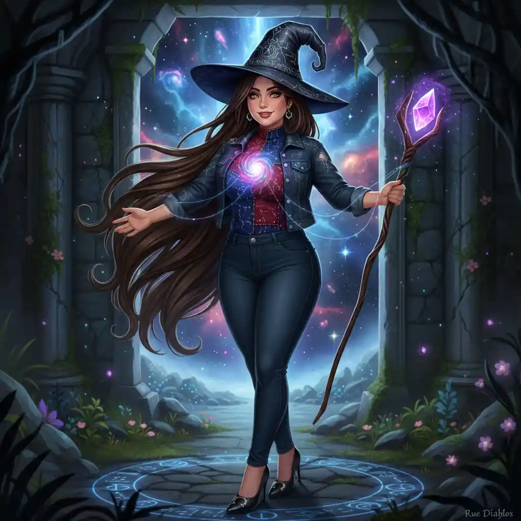 Strega guardiana messicana con occhi multicolori nello spazio cosmico