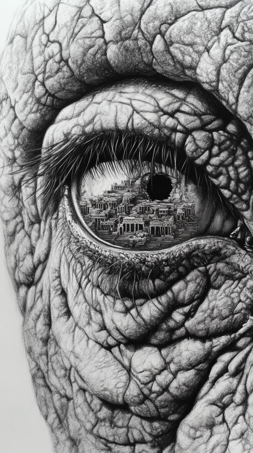 Surreal nahe Ansicht eines Elefantenauges mit antiken Ruinen