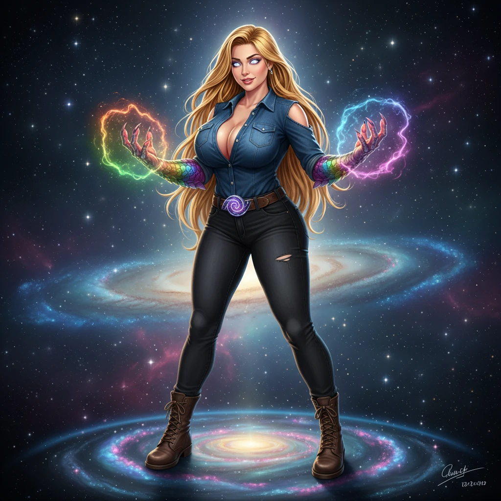 Coraggiosa guardiana cosmica con braccia di drago arcobaleno