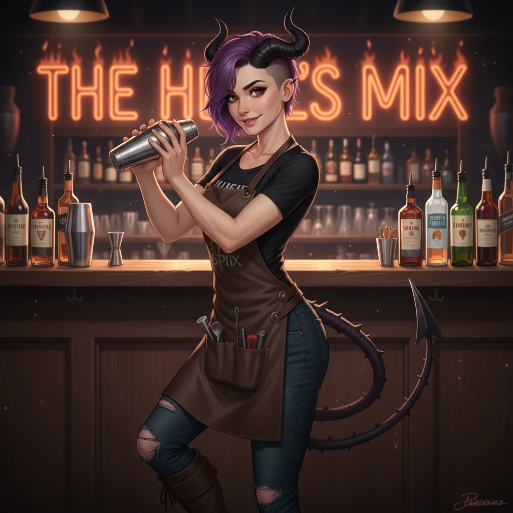 Slender horned succubus bar manager in casual modern outfit