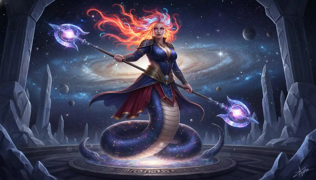 Cosmic lamia guardian woman with flaming titanium hair
