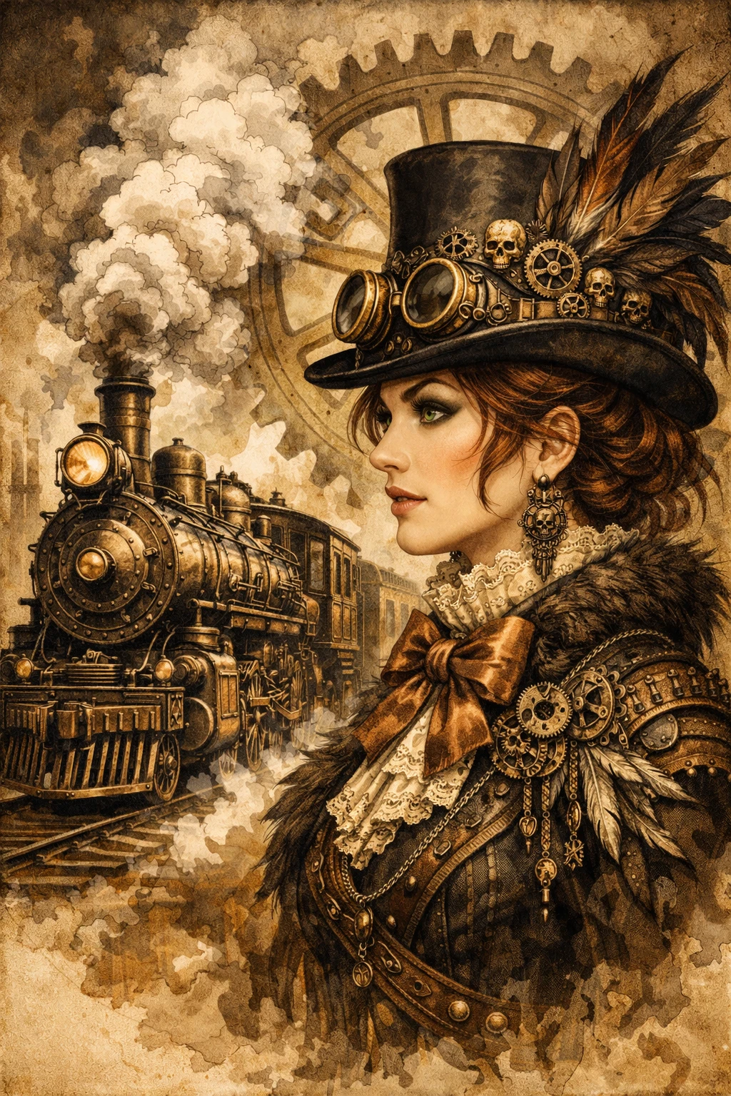 Steampunk woman in top hat beside vintage steam locomotive