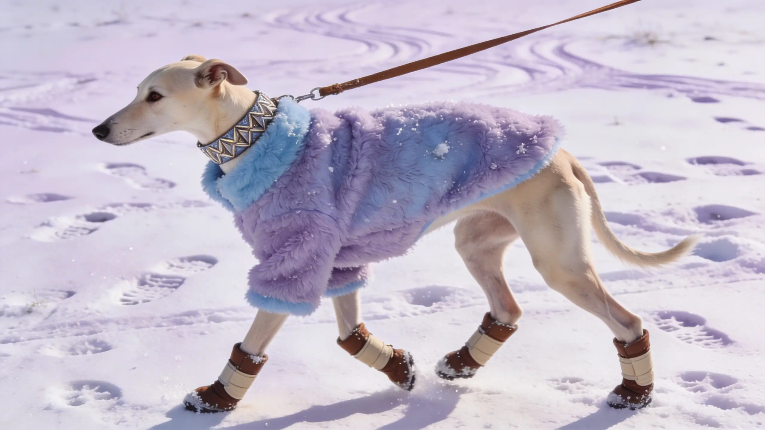 Greyhound wearing a purple fluffy coat and boots walking in pink-tinted snow, generated by Seedream 4.5.