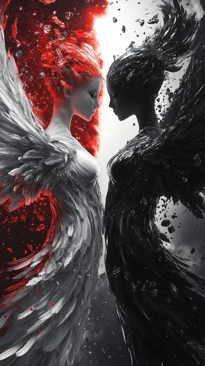 Yin e yang ad alto contrasto con angeli e luce rossa brillante