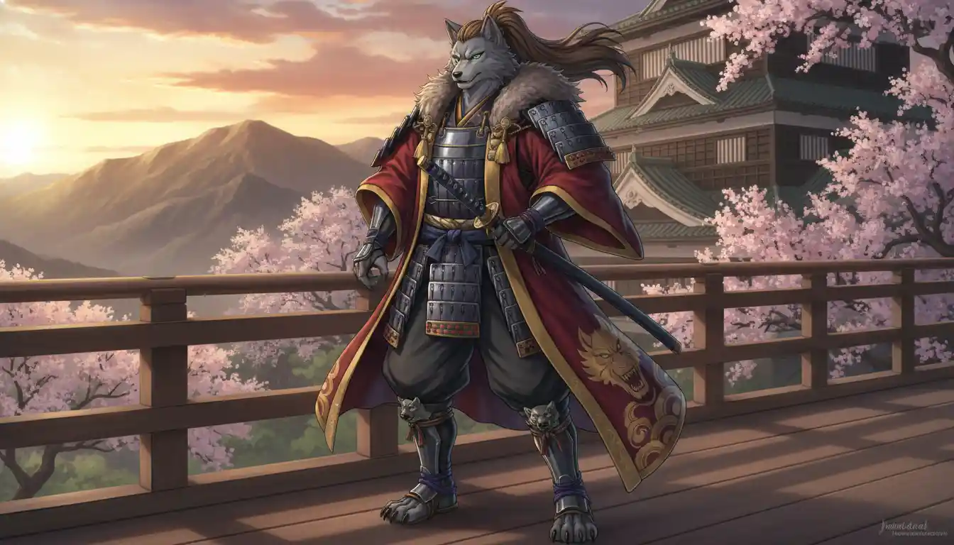 Anthro-Wolfsamurai-König in prunkvoller königlicher Rüstung