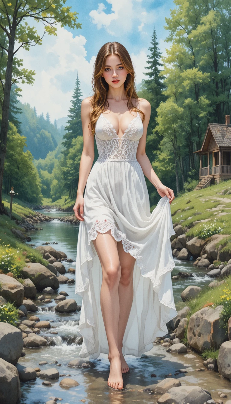 森の小川のそばに立つ白いレースのドレスの女性（水彩画）
