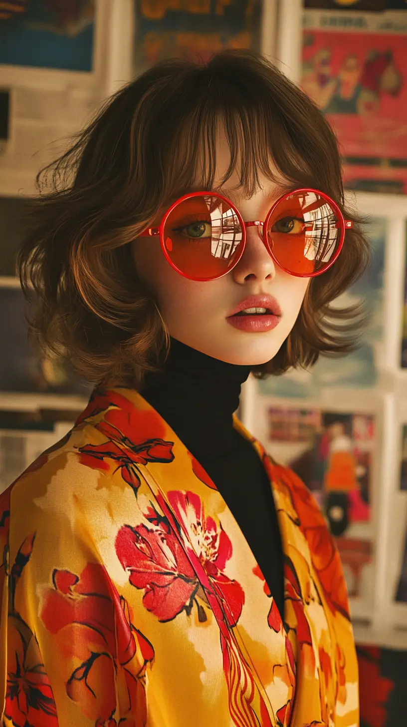 Stylish girl in floral kimono with retro poster background