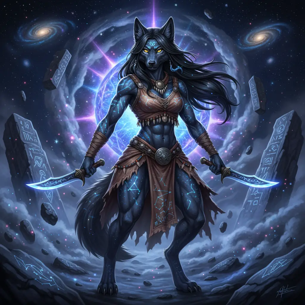 Lupa antropomorfa guardiana cosmica con coltelli tribali