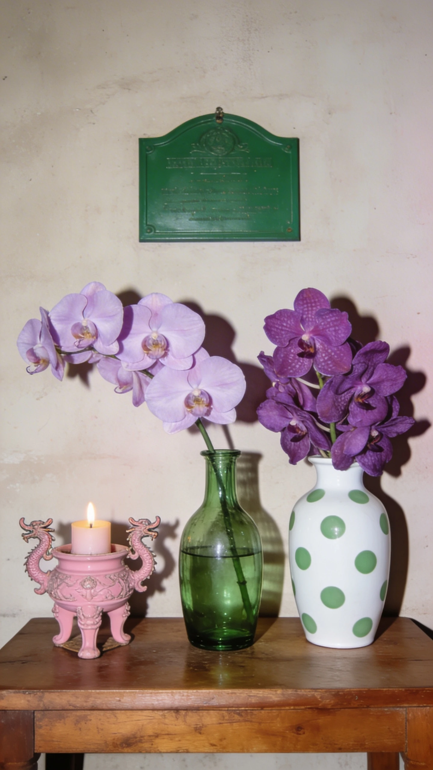Orchids in vases and a pink incense burner on a wooden table, in a classic still life style.