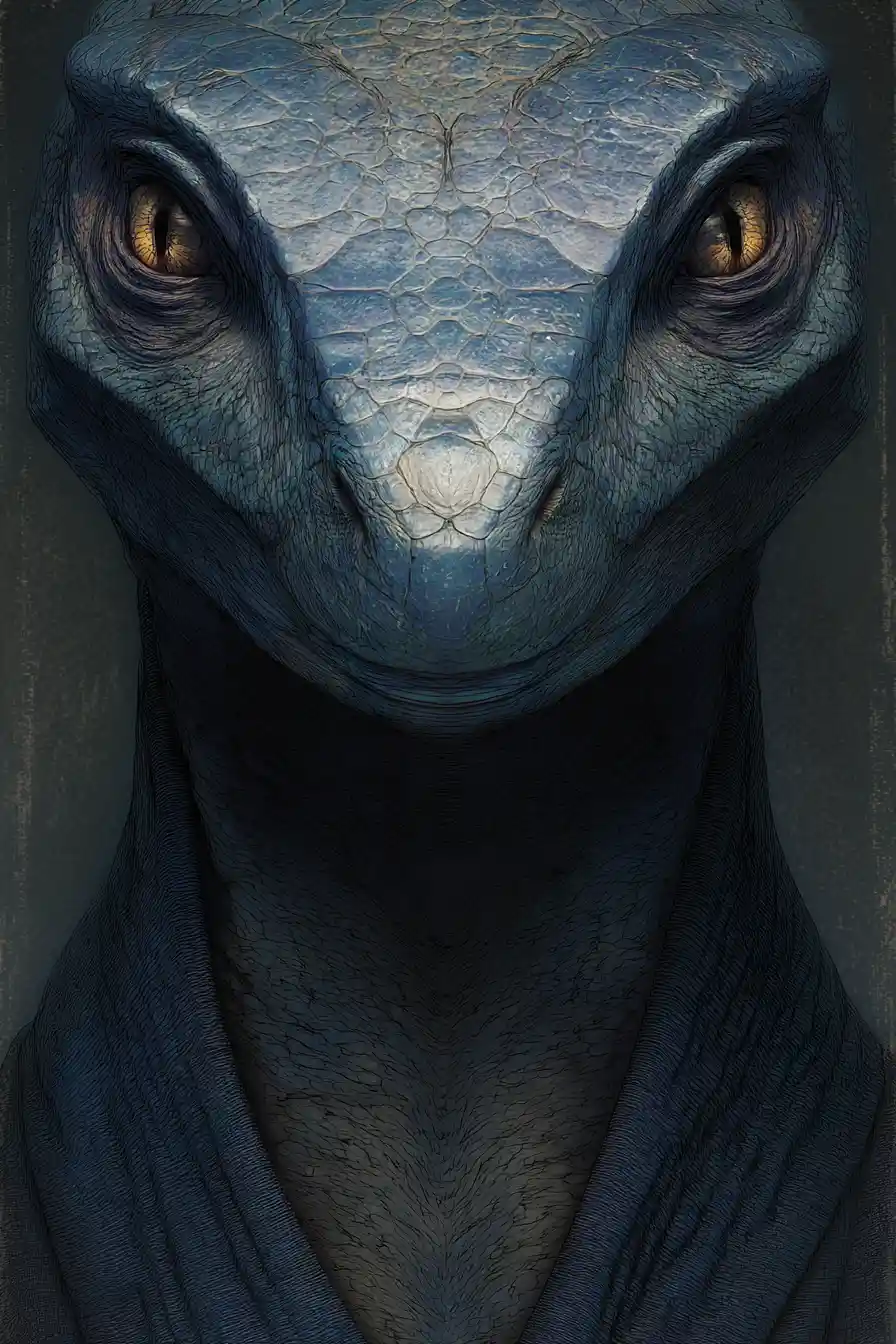 Reptilienaugen, die aus dem Schatten leuchten, im Dark-Fantasy-Porträt