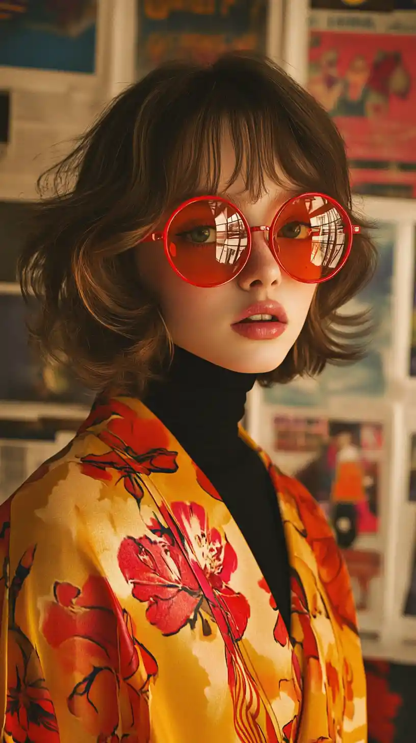 Ragazza stilosa in kimono floreale con sfondo di poster retrò