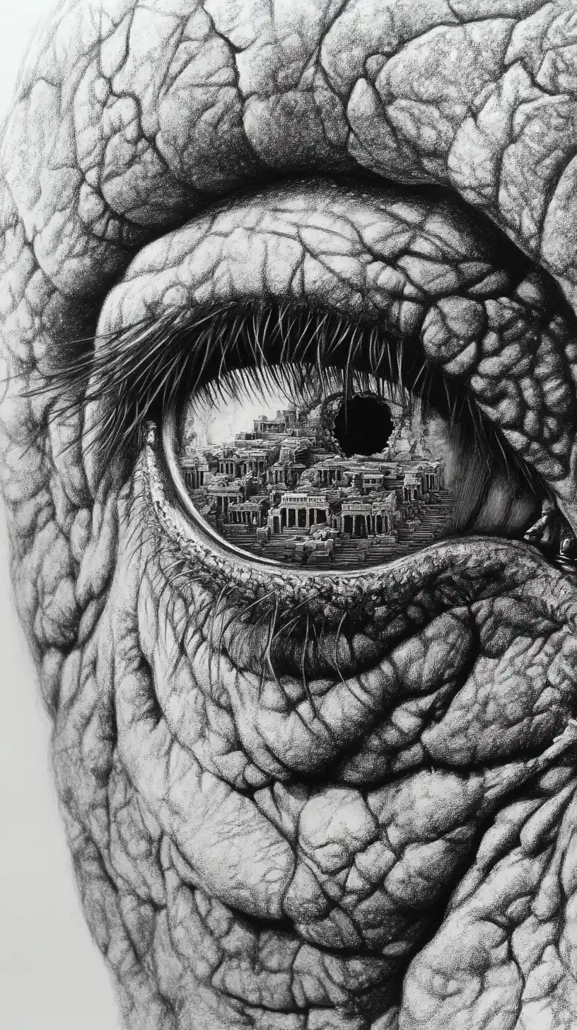 Surreal Close Up Of An Elephant Eye With Ancient Ruins