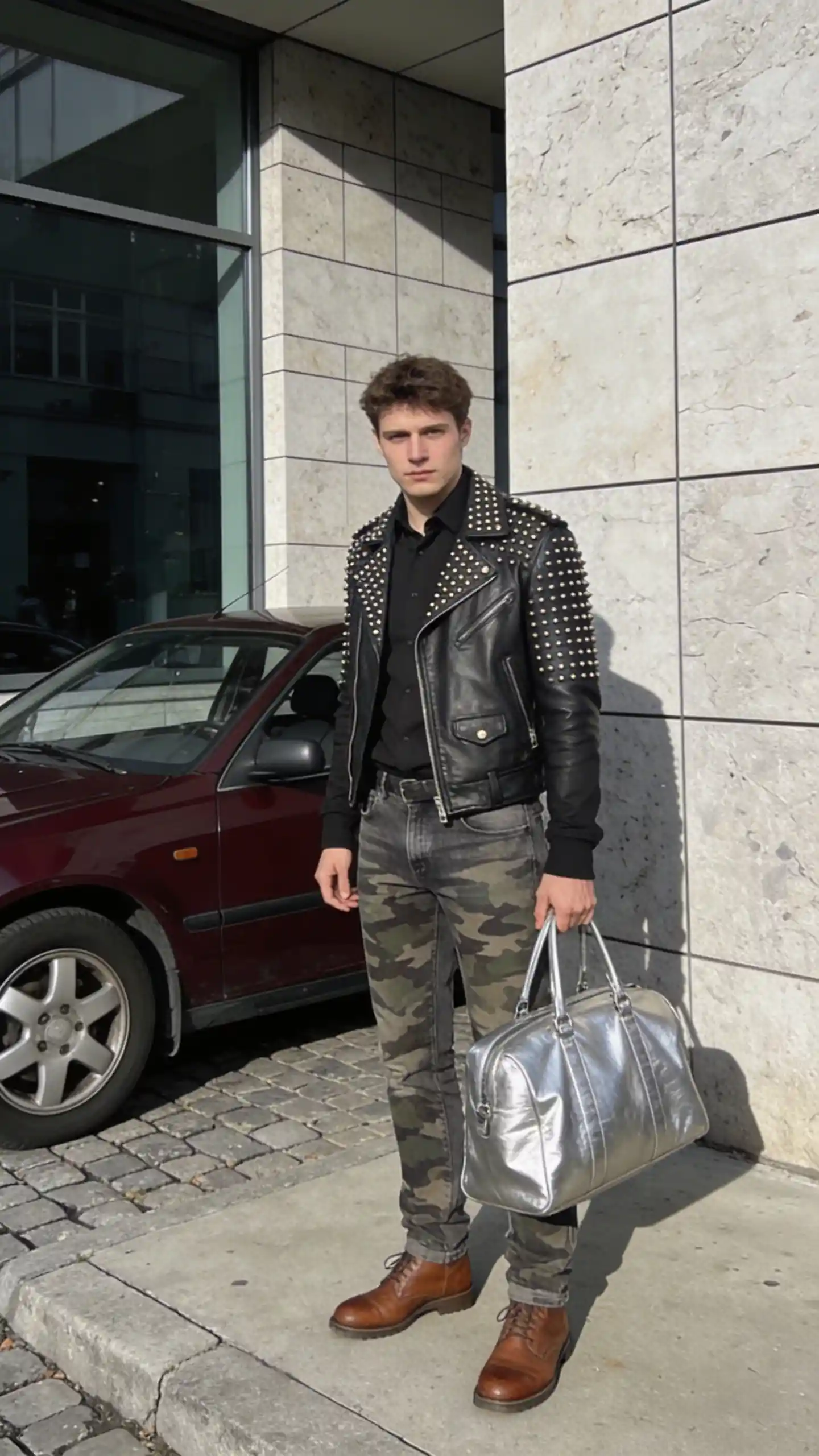 Man in a studded leather jacket and camo pants holding a silver bag by a car.