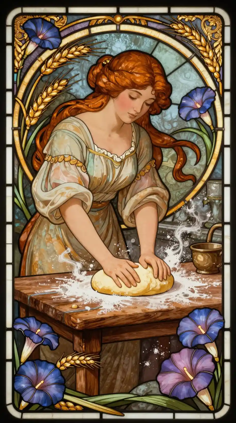 Jugendstil-Frau knetet Brot an verziertem Holztisch