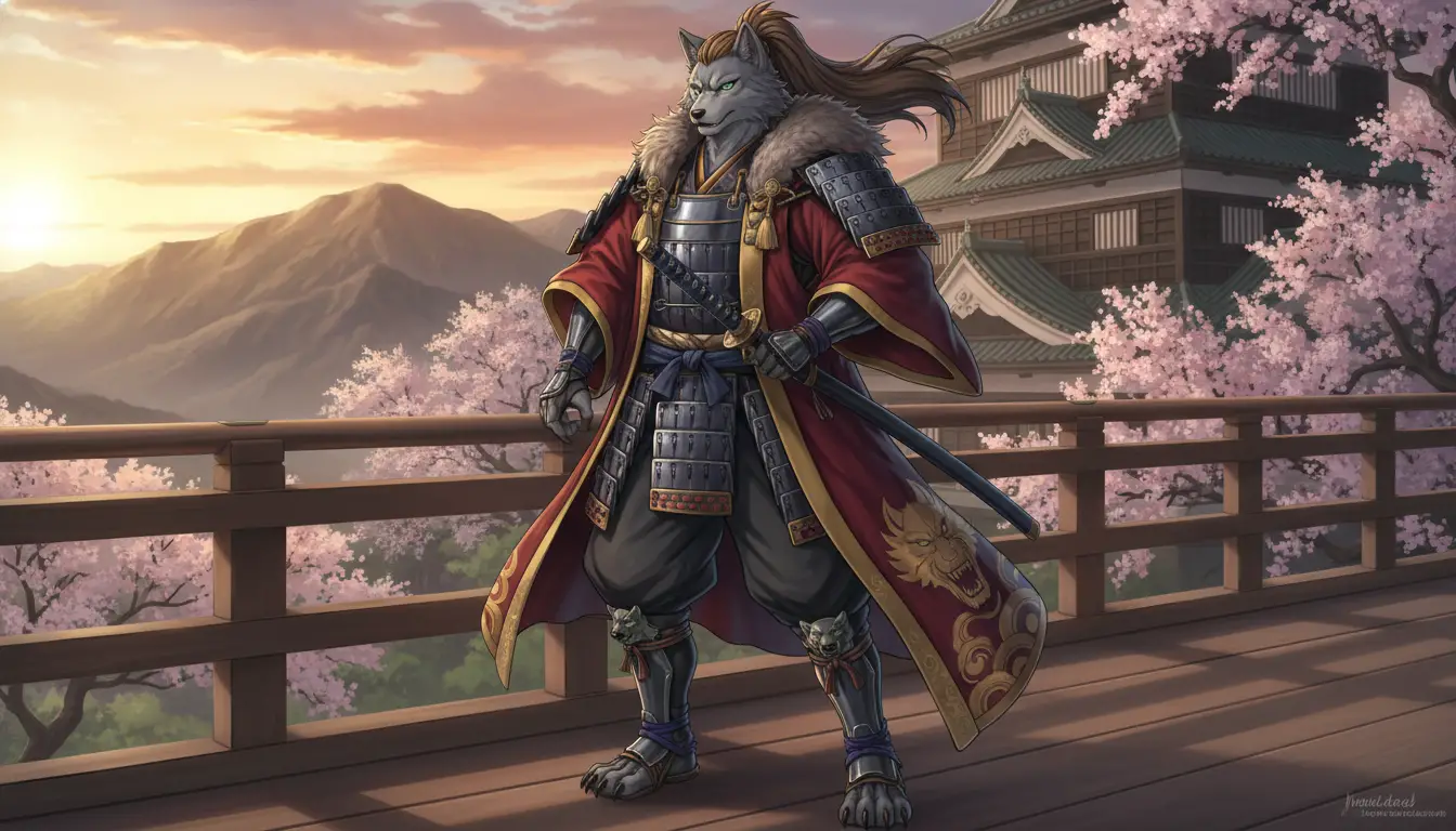 Re lupo samurai antropomorfo in sontuosa armatura reale