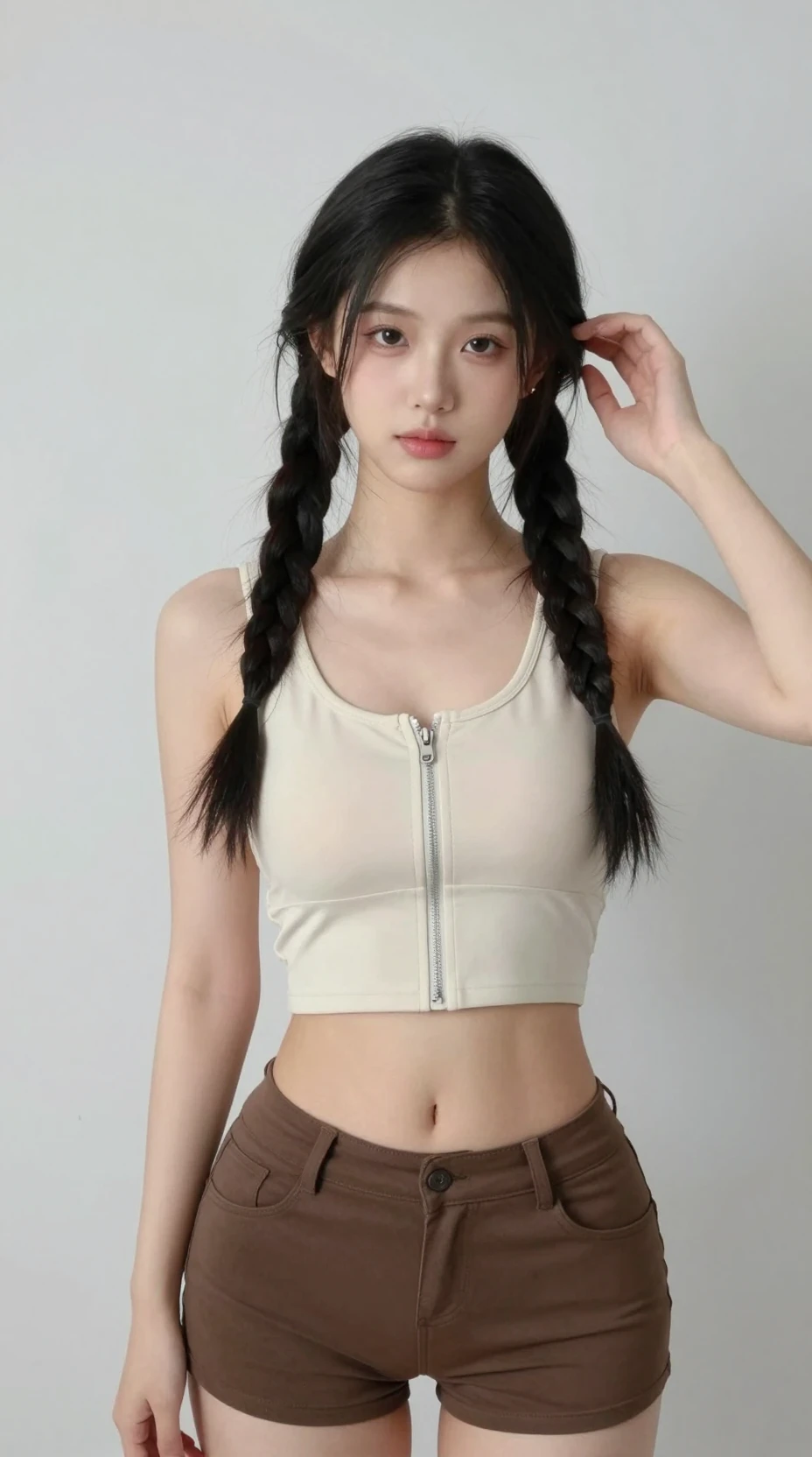 Young Asian girl in beige crop top against grey background