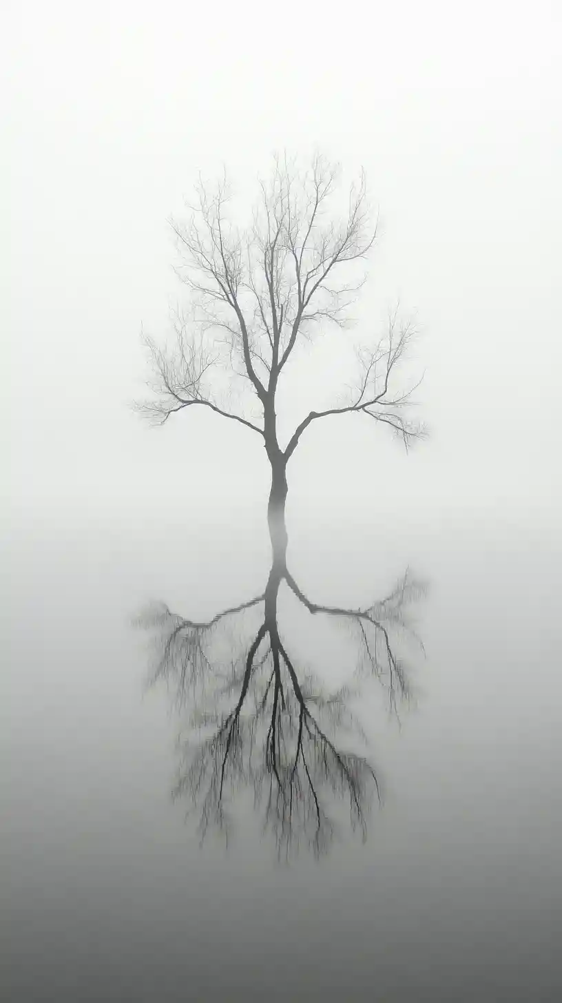 Lonely tree rising from foggy water in dark fantasy scene
