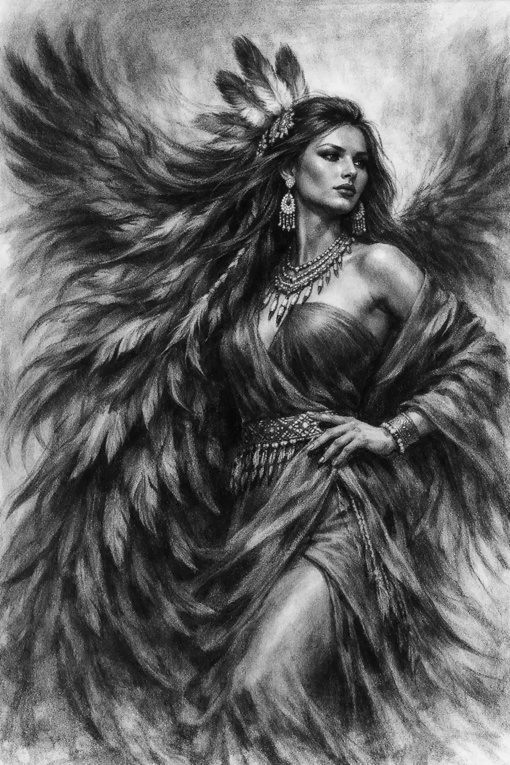 Charcoal portrait of a winged Native American woman in motion