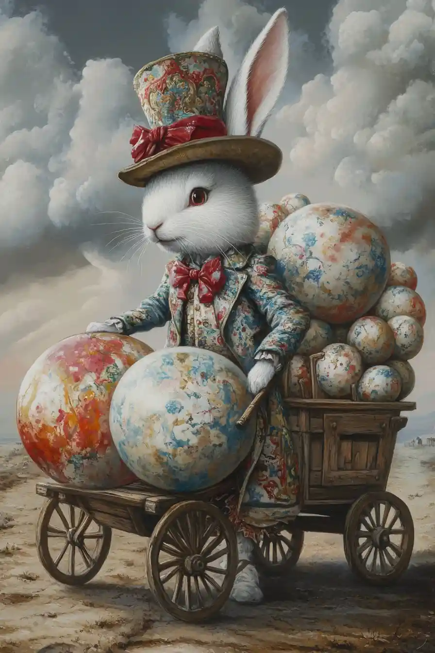 Anthropomorpher Hase, der einen Wagen mit verzierten Kugeln zieht