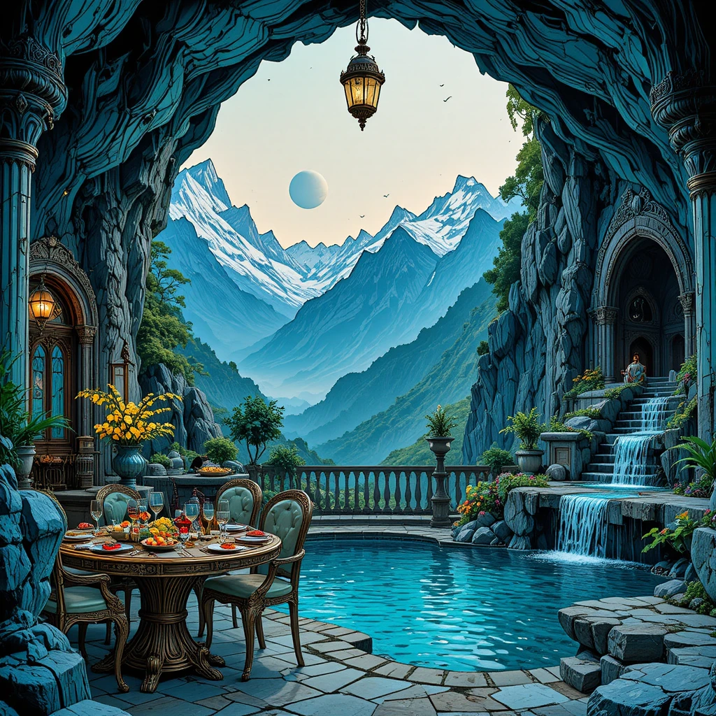 Luxurious fantasy palace terrace with private grotto dining