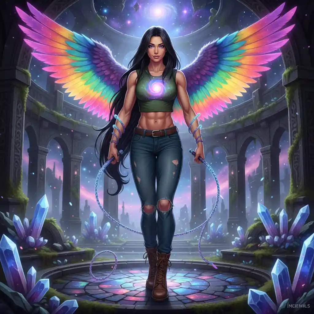 Guerriera amazzonica con ali d’angelo arcobaleno nello spazio