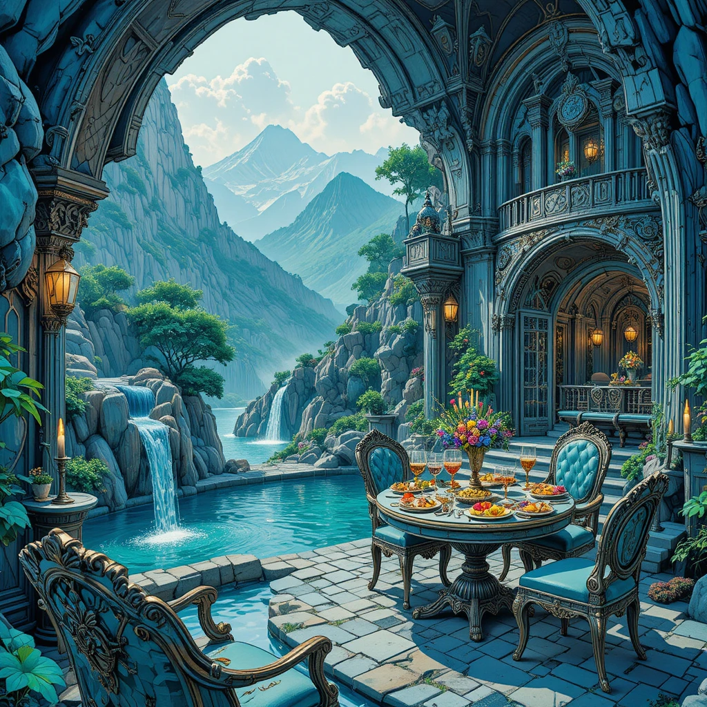 Lussuoso balcone di palazzo fantasy con cena in grotta di montagna