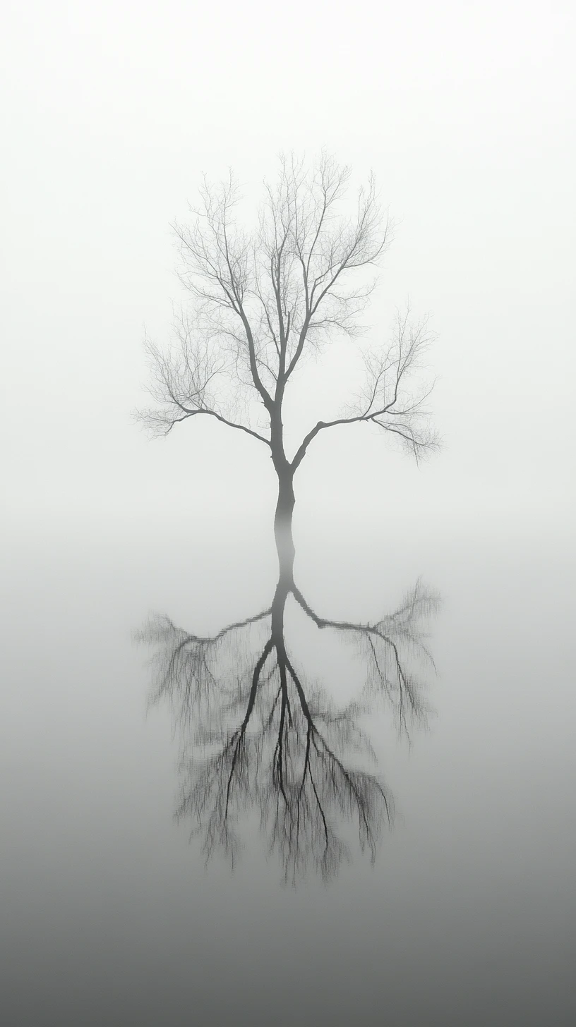 Lonely tree rising from foggy water in dark fantasy scene