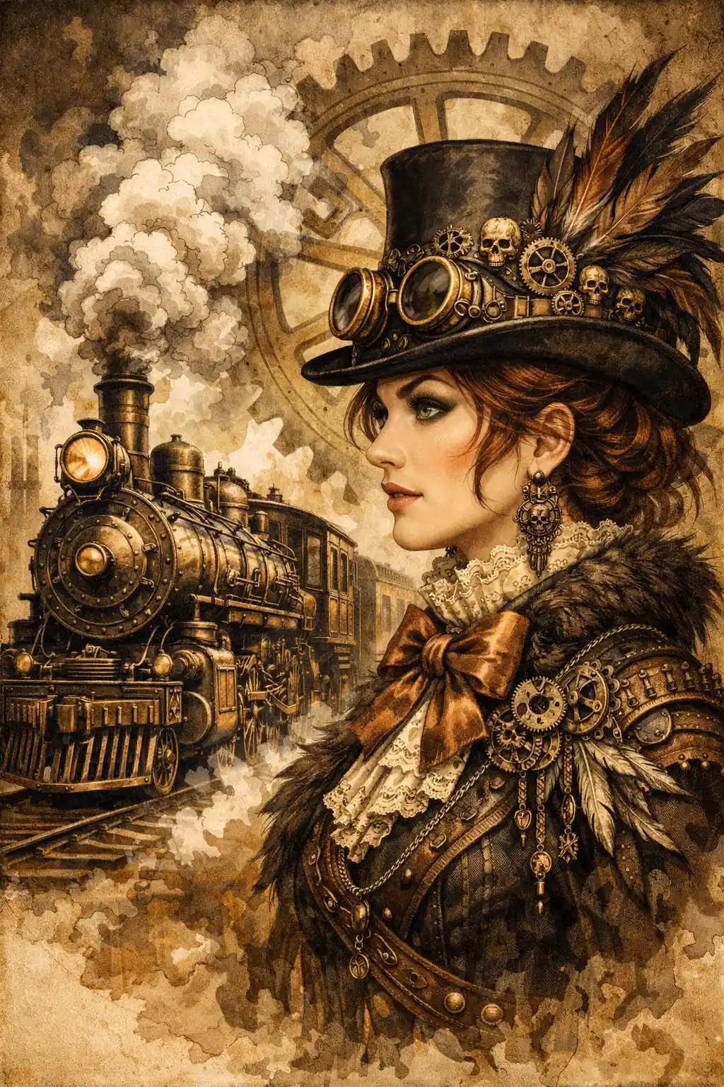 Steampunk woman in top hat beside vintage steam locomotive